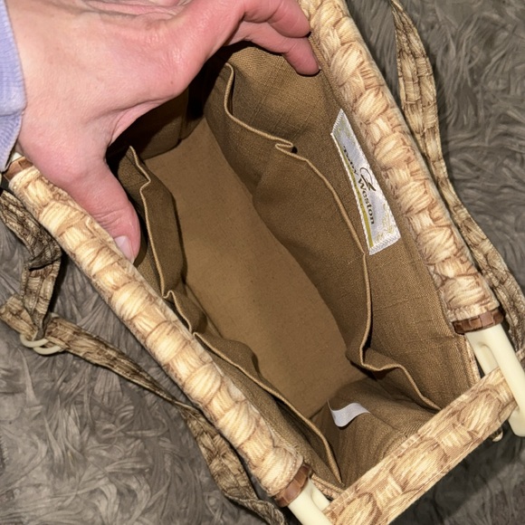 Vintage Toby Weston Convertible Bag-Cloth-Faux Woven Look Print-Tan/Beige - Picture 14 of 16